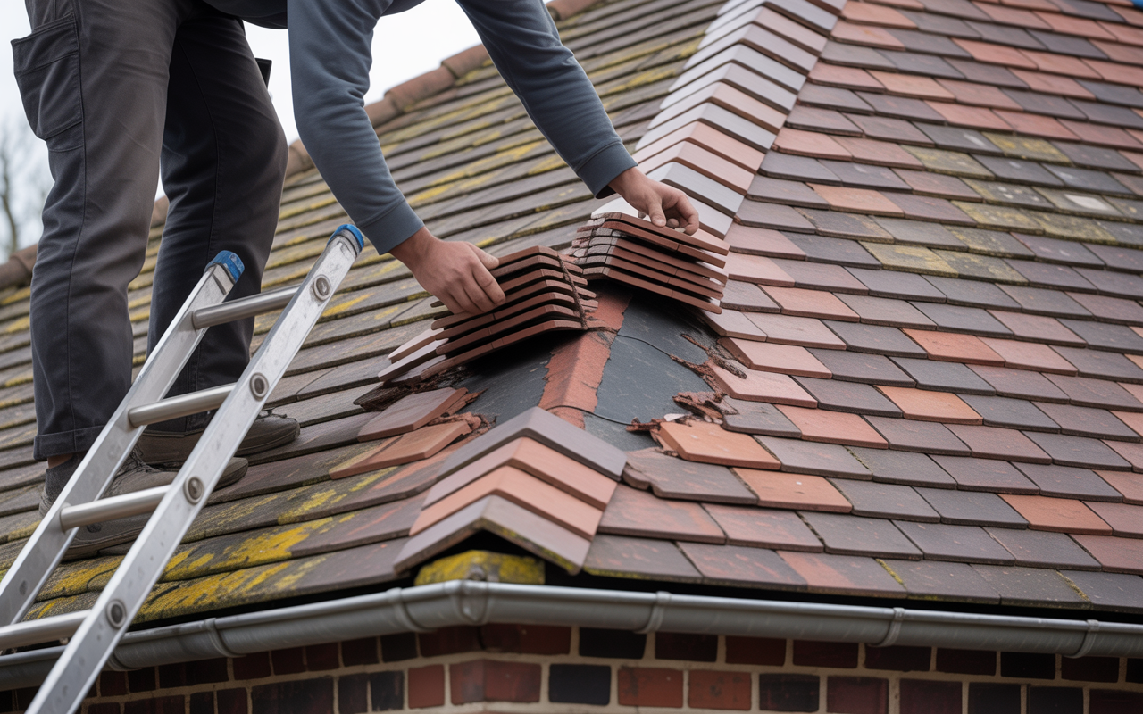Roofer replacing slipped and broken tiles during a roof repair